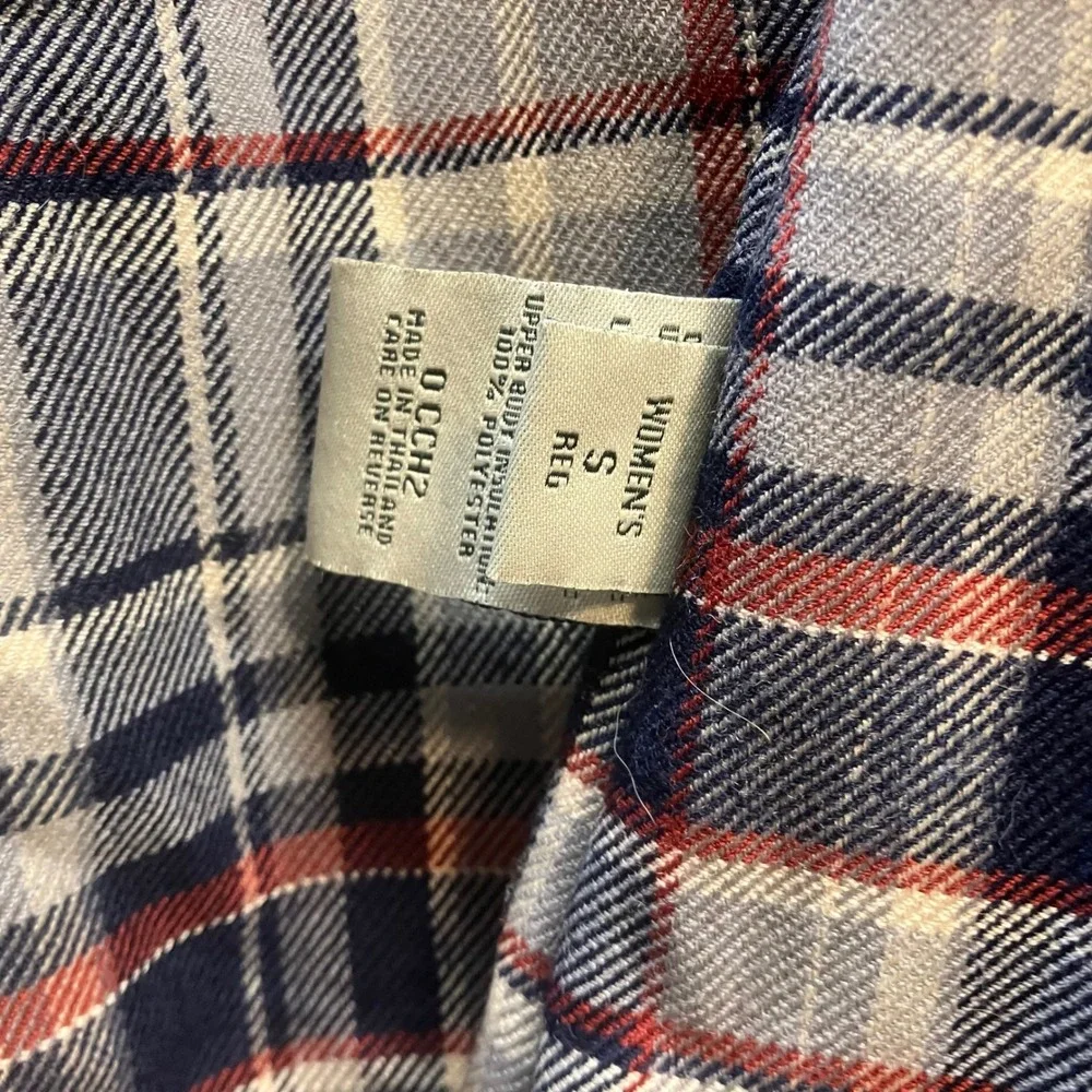 LL Bean Womens Small Regular Navy Blue Long Hooded Rain Coat Plaid Flannel Lined - Picture 5 of 14